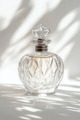 A clear bottle with a gold top and a diamond shaped top