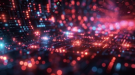 Circuit board bokeh. Red/blue lights suggest data flow in a complex electronic network. Abstract