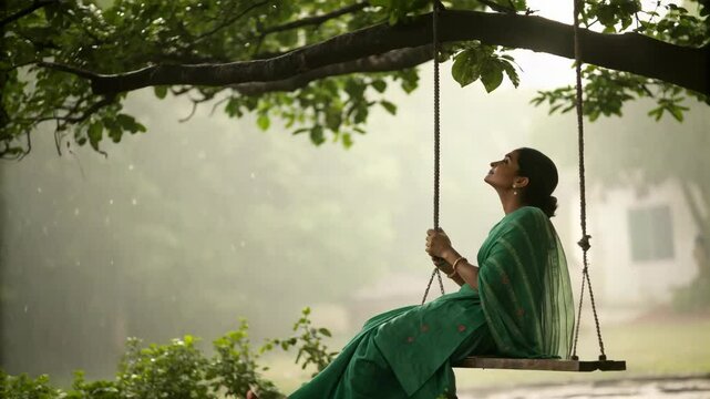 Woman in Green Saree on Swing Celebrating Teej Festival