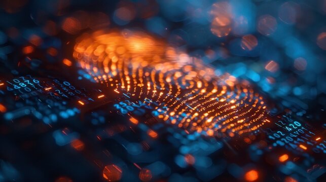 Glowing fingerprint of light on a circuit board with blurred, digital elements