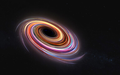 A vibrant black hole swirls at the center of the image, surrounded by a glowing, multicolored accretion disk. Elements of vertical illustration were furnished by NASA.