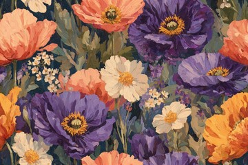 Seamless pattern of Vibrant floral arrangement featuring a mix of poppies and daisies with a rich backdrop in a garden setting