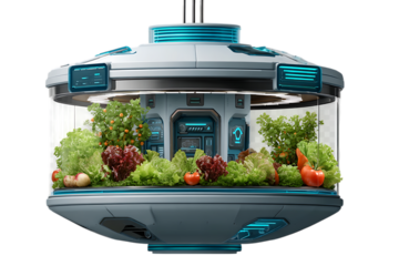 Futuristic hydroponic farm with diverse fresh vegetables and fruit trees growing inside a high tech biodome isolated on transparent background