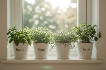 Fototapeta premium Indoor herbs: Basil, Mint, Rosemary, and Thyme growing in white pots on a windowsill bathed in soft light.