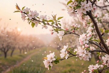 Spring flowers background in peach fuzz color. Blooming apple tree.