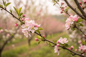 Spring flowers background in peach fuzz color. Blooming apple tree.