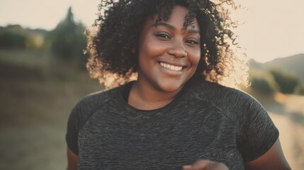 Plus size african woman smiling at camera while doing running routine outdoor - Soft focus on face, no logos, no brands