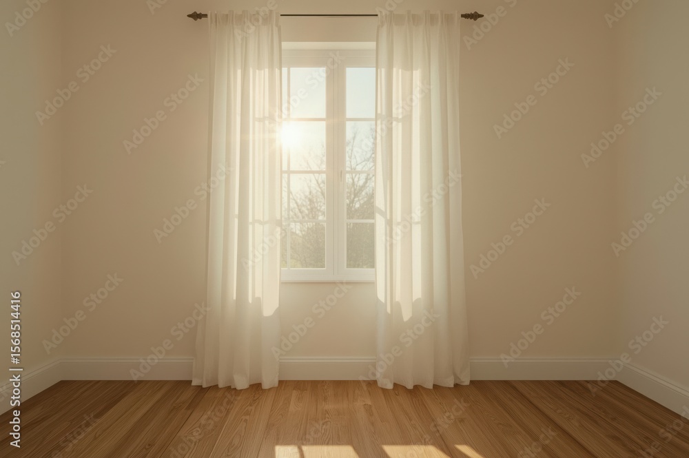 Poster bright window with sheer curtains casting light on hardwood floor in an empty room.
