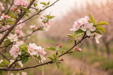 Obraz premium Spring flowers background in peach fuzz color. Blooming apple tree.
