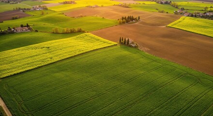 Aerial view of vibrant patchwork landscape with lush green fields, golden crops, and scattered farmhouses at sunset in rural countryside