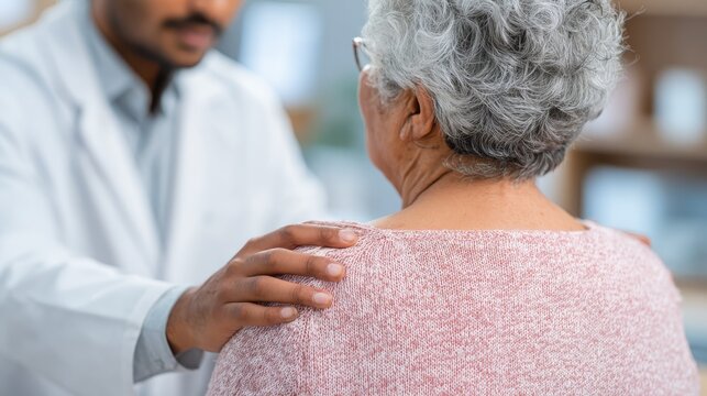 Happy young Indian doctor therapist in white coat has appointment consulting supporting putting hand on shoulder of older senior female patient in modern clinic hospital. Medical healthcare concept.,