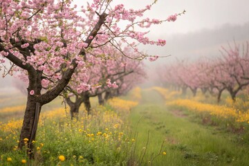 Spring flowers background in peach fuzz color. Blooming apple tree.