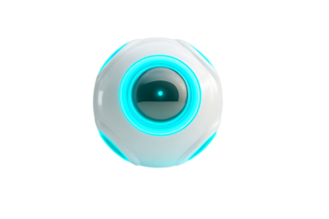 Futuristic spherical robot with glowing cyan lights and a central lens eye isolated on transparent background