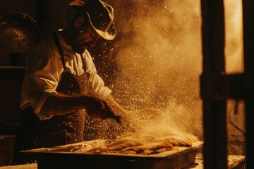 A man in a cowboy hat is making bread in a bakery