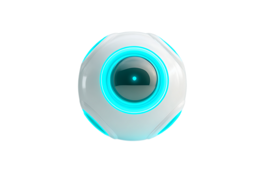 Futuristic spherical robot with glowing cyan lights and a central lens eye isolated on transparent background
