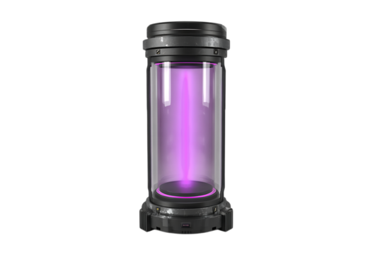 Futuristic sci fi containment pod with glowing purple energy beam inside isolated on transparent background