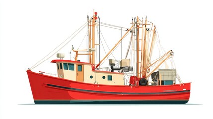 Obraz premium Commercial fishing boat side view isolated icon. Sea or ocean transportation, marine ship for industrial seafood production vector illustration in flat style., no logos, no brands