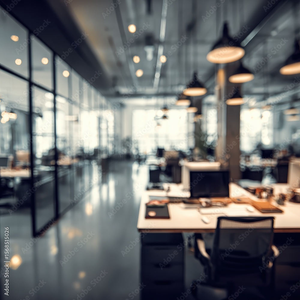 Poster open plan office blur: blurred background of an open plan office with desks and partitions.