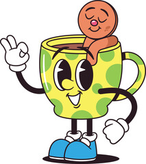 Cute tea cup retro character