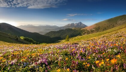 Obraz premium mountain landscape with colorful wildflowers during the awakening of nature in a vibrant spring scene