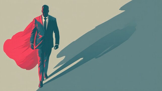 Businessman with superhero shadow. Ambition and business success vector concept. Leadership super hero in business, motivation leader superhero illustration, no logos, no brands