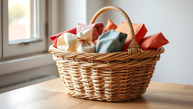 Woven basket filled with colorful fabric-wrapped parcels on a minimalist wooden table, bathed in soft natural light.