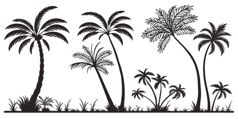Collection of silhouetted palm trees and tropical vegetation isolated on white background