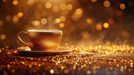 Sparkling gold cup and saucer with steam on a glittery surface against bokeh lights