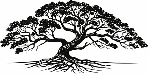Stylized silhouette of a large ancient tree with sprawling branches and exposed roots isolated on white background