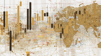 finance Abstract white background uptrend arrow with candlesticks and bar chart show innovation of economy business statistics with Earth network with glowing nodes and triangle polygon linesIt