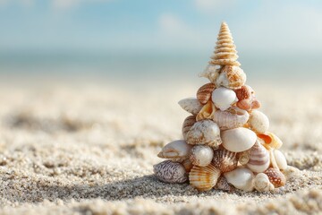 Tropical Tree of Seashells on Sandy Beach, a Dreamy seaside Christmas Greeting