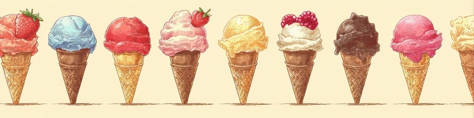 Vibrant Banner Showcasing a Row of Fruity Ice Cream Cones with Strawberry, Vanilla, and Raspberry Scoops