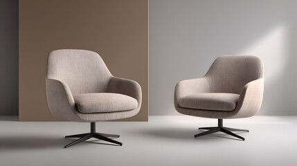 Obraz premium Two modern armchairs stand alone in a sleek, minimalist studio setting, surrounded by neutral background, ideal for adding text or graphics, evoking a professional meeting atmosphere.