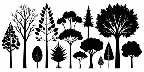 Collection of diverse black tree silhouettes in various shapes and sizes isolated on white background