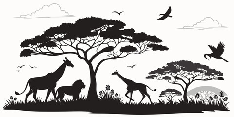 African savannah silhouette scene with giraffes lion and birds isolated on white background