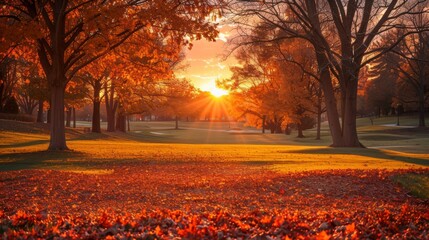 Autumn landscape Sunburst through trees over a lawn covered with colorful fallen leaves