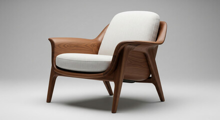 Fototapeta premium Modern armchair, light fabric upholstery, dark wood frame, showcasing elegant design, comfort and style for home decor