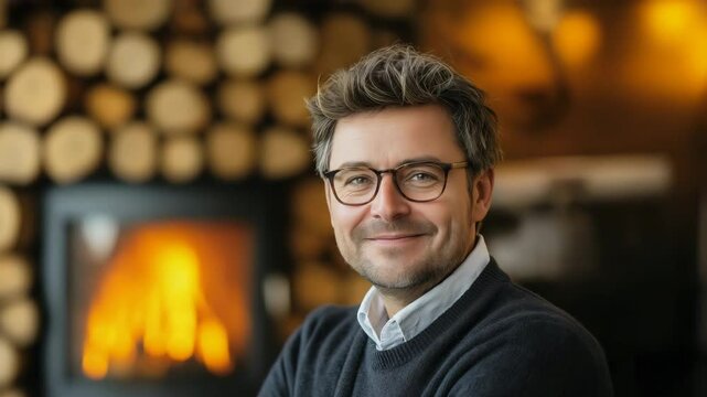 Portrait of smiling man in glasses and sweater posing indoors with blurred fireplace and stacked firewood in the background