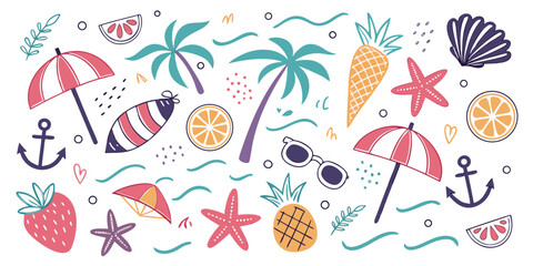 Collection of colorful summer vacation icons and elements isolated on white background