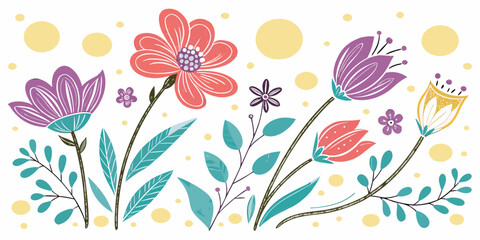 Whimsical hand drawn floral illustration with colorful flowers and leaves isolated on white background