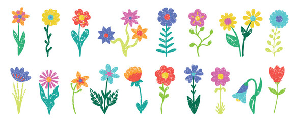 Kids crayon flowers drawing. Simple vibrant hand drawn flower with leaves. Isolated bouquet pencil draw, childish style abstract neoteric vector elements