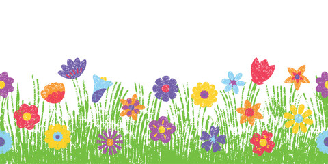 Crayon drawing meadow. Colored pencil green grass with blooming flowers, kids drawing style. Nature seamless pattern, garden neoteric vector design