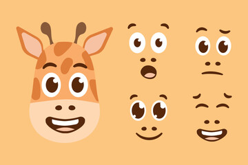 Set of Emoji Giraffe. Muzzles Constructor of emotions with different eyes and mouth shapes elements. Head Cute animal expressions. Children Character of zoo, pet store. Flat style. Vector illustration