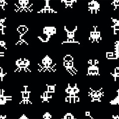 Pixel monsters seamless pattern. Arcade game 8 bit characters, white on black backdrop. Aliens ufo invaders, retro fabric print design, neoteric vector background