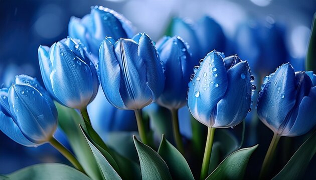 beautiful blue tulips with droplets fresh from rain in a soft and elegant arrangement in a serene setting
