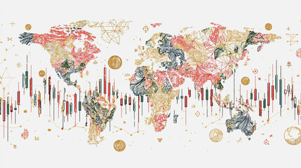 finance Abstract white background uptrend arrow with candlesticks and bar chart show innovation of economy business statistics with Earth network with glowing nodes and triangle polygon linesIt