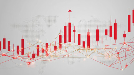 finance Abstract white background uptrend arrow with candlesticks and bar chart show innovation of economy business statistics with Earth network with glowing nodes and triangle polygon linesIt