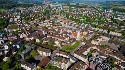  An aerial view of the old town of the city Frauenfeld
 in Switzerland on a sunny day in summer
