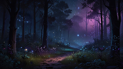 Fototapeta premium A glowing night forest with flying fireflies, purple and blue mist, and neon colors, evoking a fairy tale magical atmosphere.