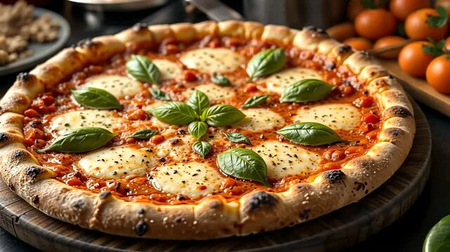 Delicious pizza with mozzarella and basil Close up